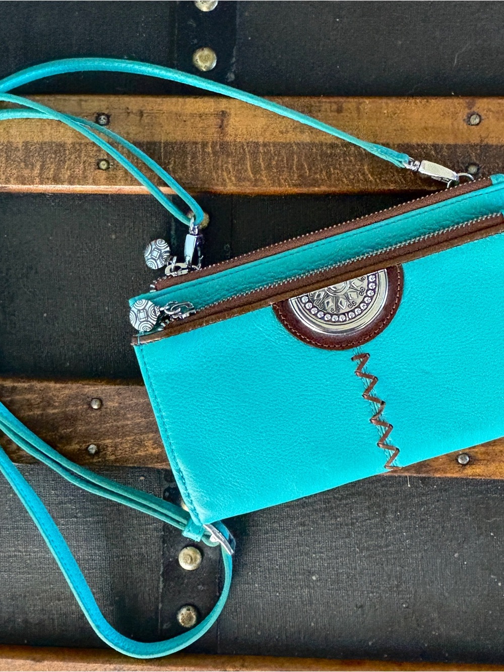 New Western Turquoise Concho Crossbody Wallet Bag Tooled Leather Boho